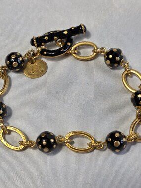 Mackenzie-Childs Gold-Tone Bracelet Black & Gold Polka Dot Beads Toggle Closure